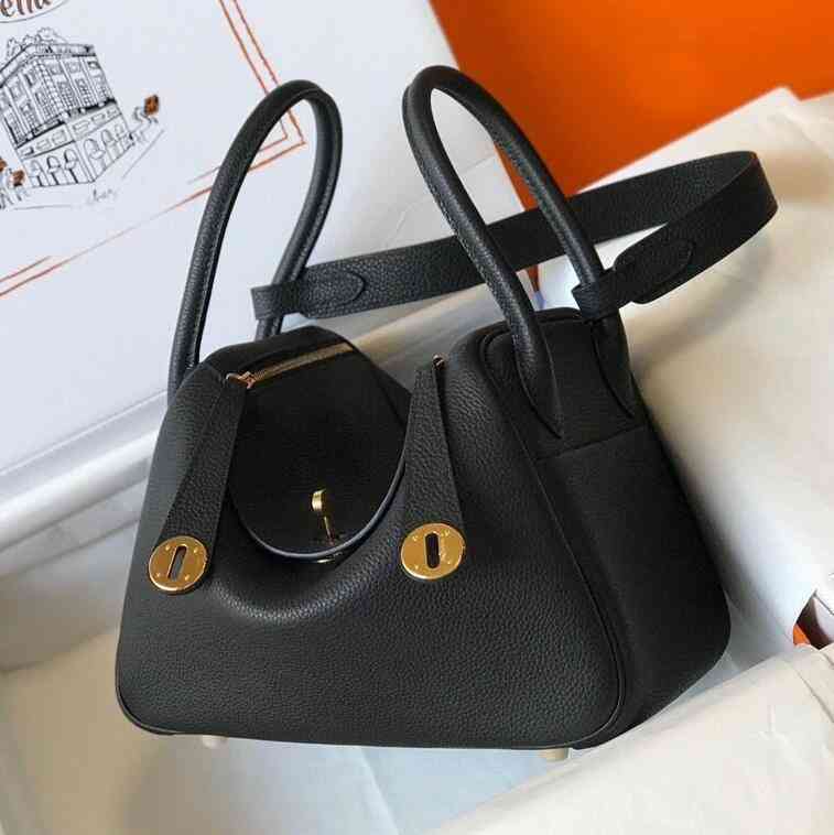 

Classic Original Leather Women's Hand-held Shoulder Litchi Grain Togo Cowhide Handmade Lindys Pillow, Black