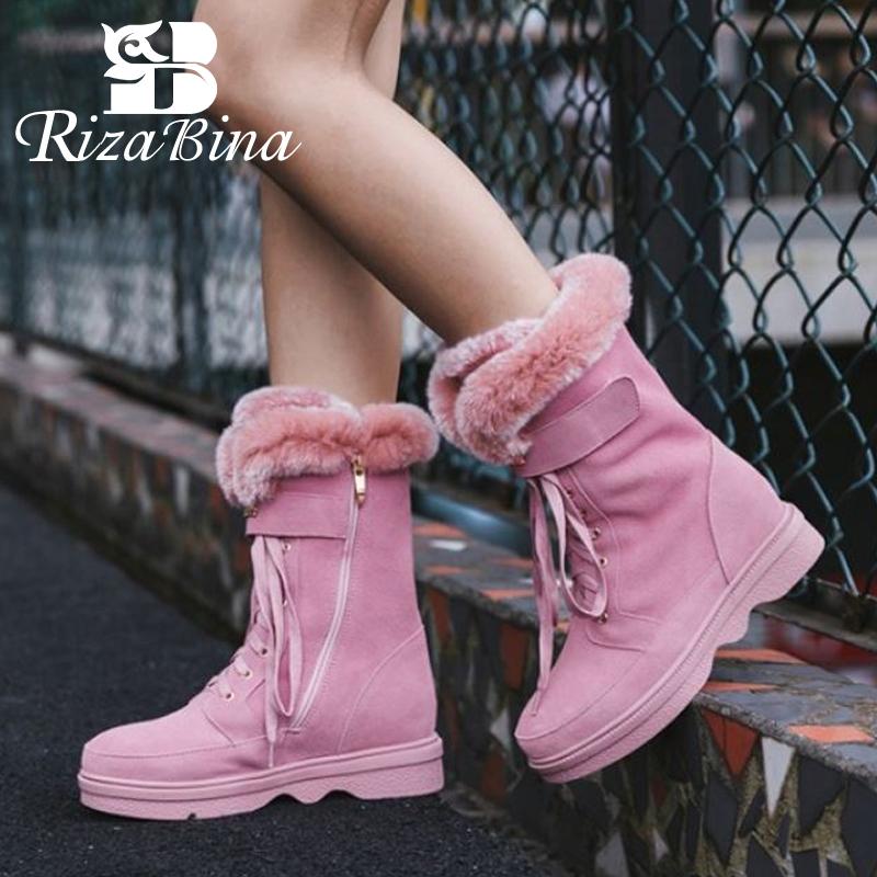 

RIZABINA Snow Boots Women Real Leather Plush Fur Mid Calf Boots Thick Bottom Zip Winter Fur Warm Shoes Zipper Size 34-40, Black