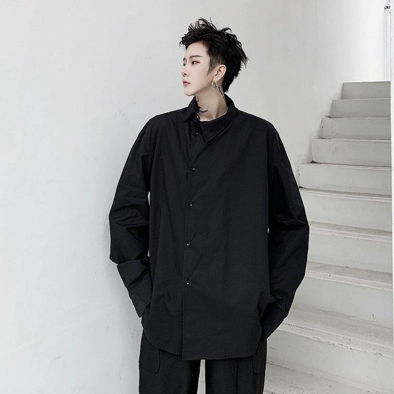 

Male Vintage Fashion Loose Shirt Men Crooked Placket Casual Long Sleeve Shirt Black White, 3951