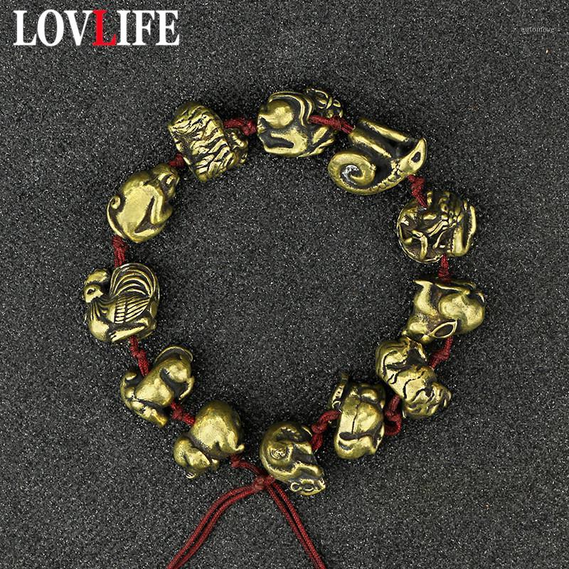 

Vintage Brass Chinese 12 Zodiac Animals Rat Bull Tiger Dragon Snake Horse Sheep Monkey Chicken Dog Pig Rope Bead Bracelet1