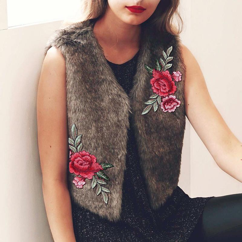 

Women Faux Fur Vest Embroidery Rose Flowers Winter Autumn V-neck Slim Jacket Waistcoat Sleeveless Slim Fur Coat Outerwear 7Q1212, As pic