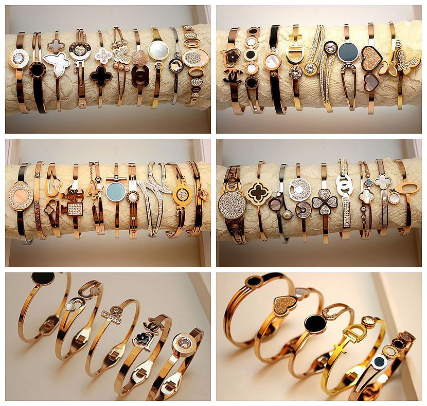 

10pcs/lot Classic Design Fashion Titanium Steel Woman Bangle Stainless Steel Bracelet For Woman Love Gold Jewelry Mixed Styles