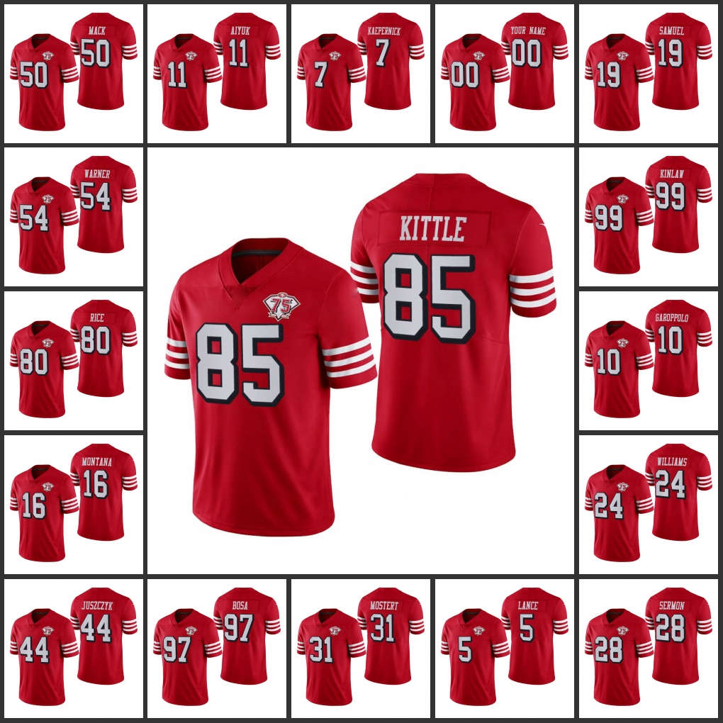 

San Francisco''49ers''Men #7 Colin Kaepernick 19 Deebo Samuel 85 George Kittle 5 Trey Lance Women Youth Custom 75th Scar, Black;red