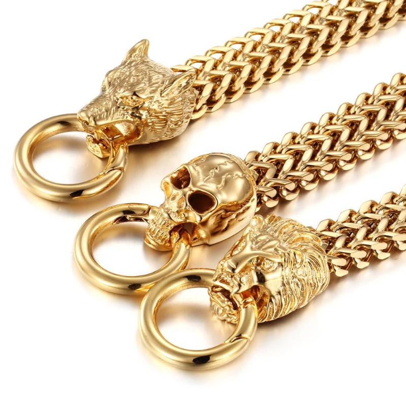 

Antique Double Lion/Skull/Wolf Head Herringbone Chain Bracelet for Men Stainless Steel Gold Tone Hip Hop Punk Men Jewelry 22cm