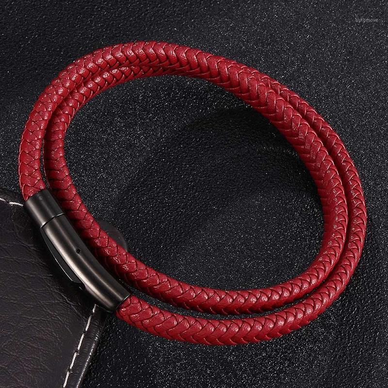 

Fashion Red Braided Leather Double Layer Bracelets Men Women Stainless Steel Snaps Unisex Jewelry Accessories Gifts ST04971