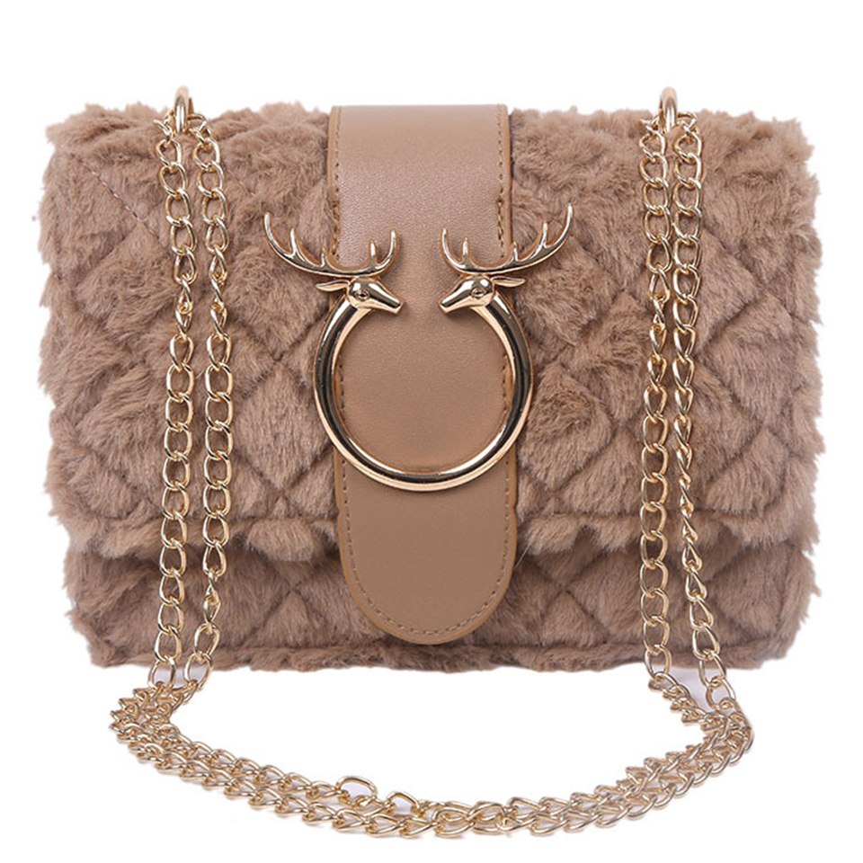 

High quality autumn and winter camel Plush women's bag brand luxury Christmas elk party shoulder bag straddle handbag, White
