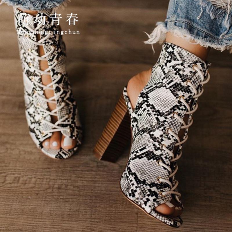 

Women Ankle Boots Pumps Sexy Snake Print Peep Toe Boots Sandals Stiletto Lace Up Slingbacks High Heeled Pumps Botas Size 35-42, White