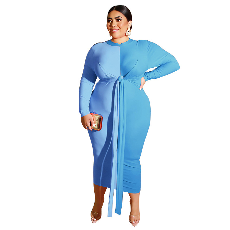 

Plus Size Panelled Dress For Women Sashe Bandage Long Sleeve Crew Neck Dresses Ladies Contrast Color Clothes