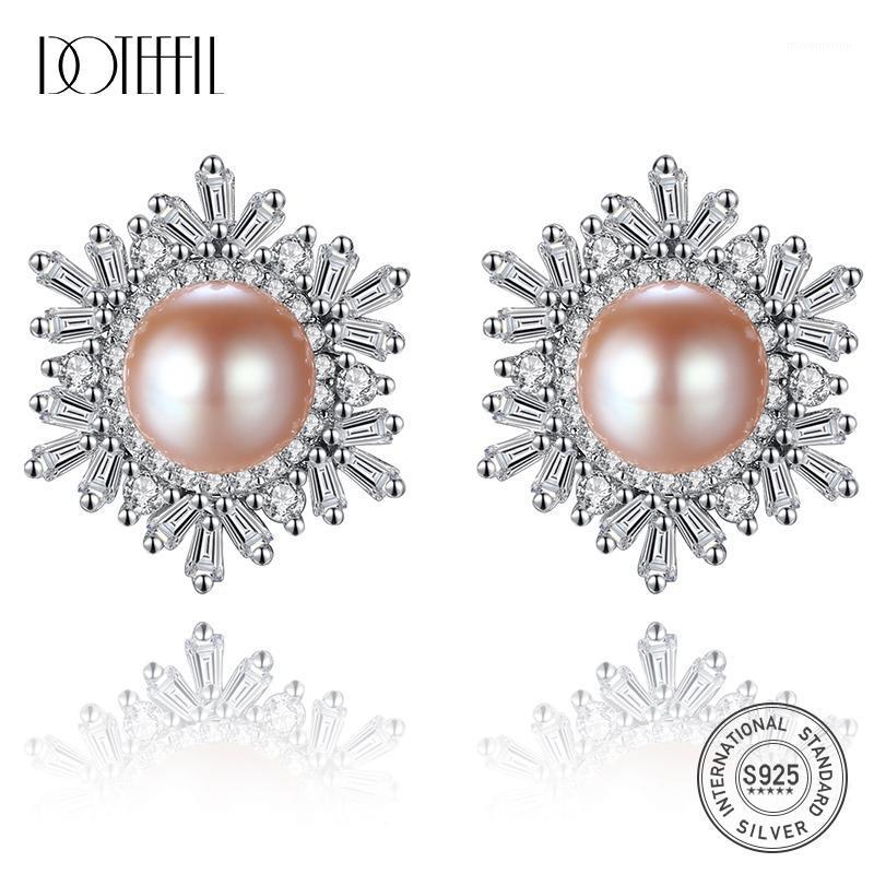 

DOTEFFIL Earrings 925 Sterling Silver Snowflake Natural Freshwater Pearl Stud Earrings Pearl Jewelry Women Wedding/Party Gift1