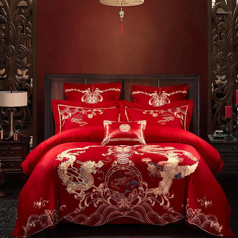 

Traditional Chinese Wedding Embroidery Bedding Set Cotton 4 piece Kit King  Size Double Happiness Longfeng Dragon Phoenix1, 31