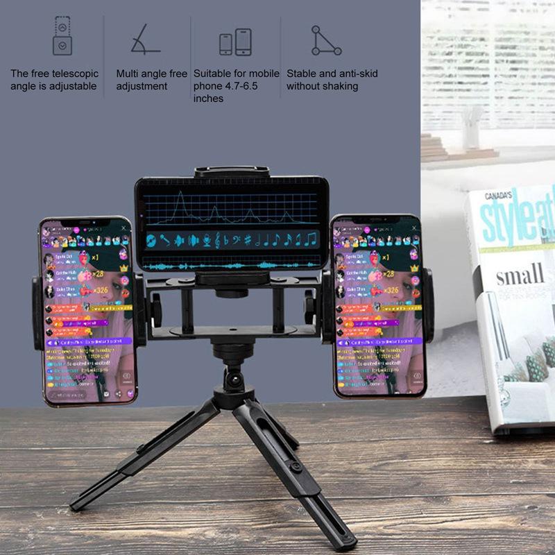 

Creative Phone Holder Desk Stretchable Tripod with 3 Camera Clips Adjustable Angle for Selfie Live Streaming