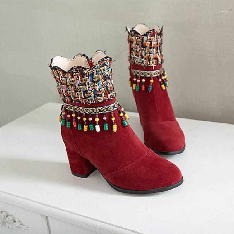 

New high heels ladies shoes autumn winter ankle boots for women sexy string bead fringe boots zapatos mujer big size1, Black
