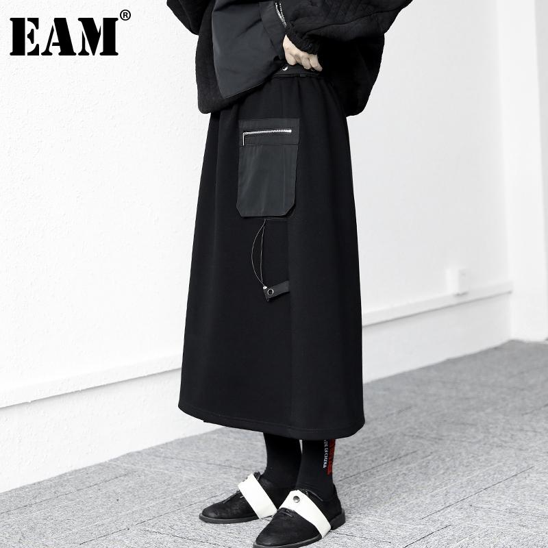 

EAM] High Elastic Waist Black Spliced Pocket Irregular Half-body Skirt Women Fashion Tide New Spring Autumn 2021 1DD1693