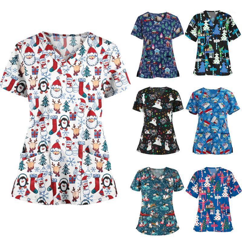 

Women' Blouses & Shirts Women Short Sleeve V-neck Tops Working Uniform Christmas Thanksgiving Blouse Uniforms Sleeved Pet Scrubs Costume #Y