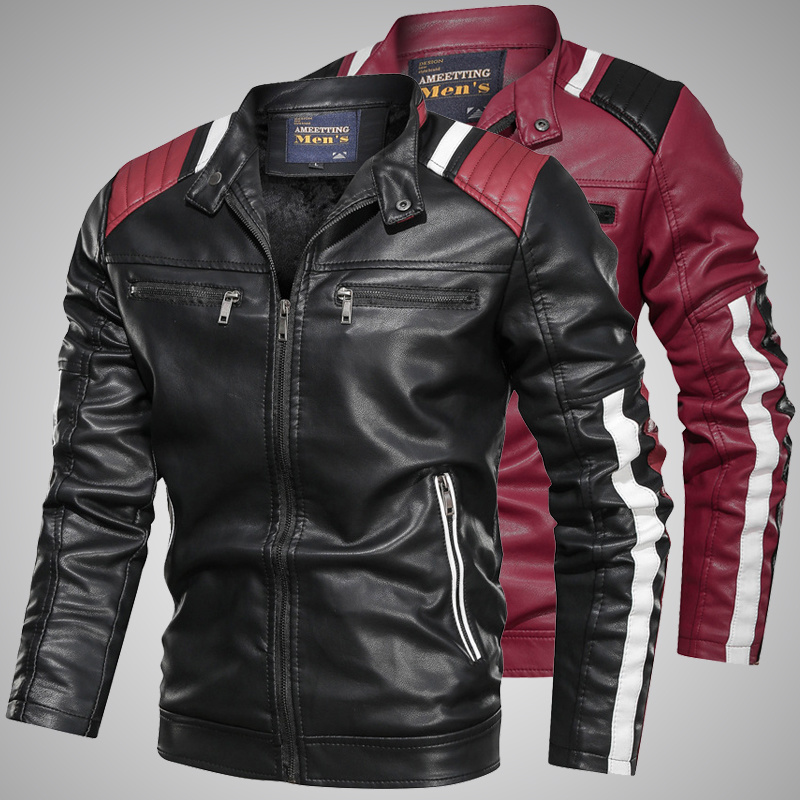 

2020 Men's Leather Jackets High Quality Stand Collar Jacket Leather Men Patchwork Motorcycle Bomber Coat Mens Biker Jacket, Mg9013 red