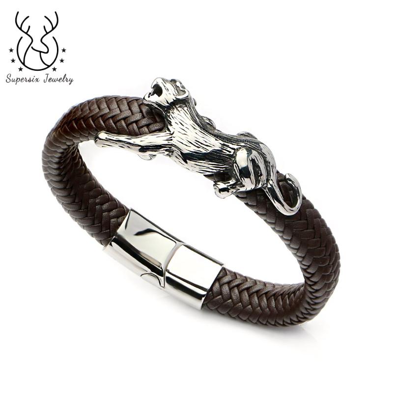 

Supersix 6*12mm Genuine Leather Domineering Bracelet For Men Stainless Steel Tiger Leopard Bracelet Magnetic Clasp Jewelry