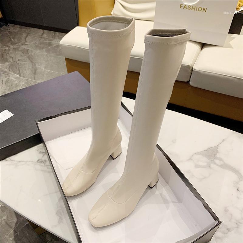 

Fashion 2020 Women Knee High Thigh Sock Boots Block Beige Black Heels 5cm High Heels Yarn Elastic Long Thigh Pleaser Boots Shoes1, Black-fur