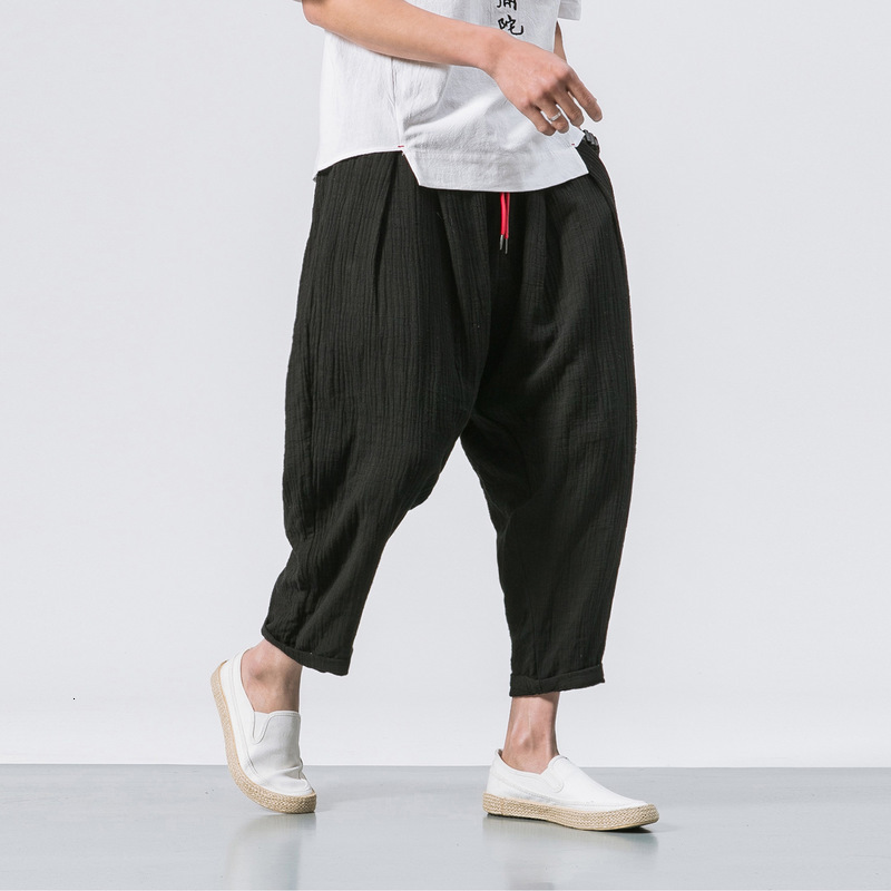 

2021 Spring New Cotton Calf Length Harem Pants Chinese Style Traditional Linen Embroidered Trousers Yiko, Black