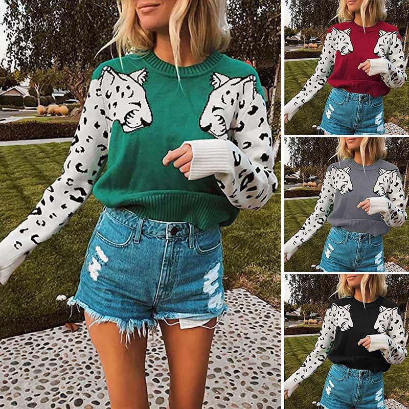

Women Autumn Winter Knitted Cropped Sweater Leopard Pattern Long Sleeve Knitting Pullovers Sweater, Black