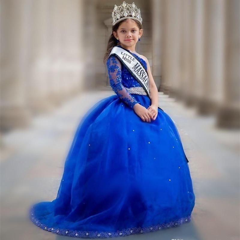 

One Shoulder Flower Girl Dresses Long Sleeves Little Girls Pageant Dresses With Applique for Wedding Party, Blue