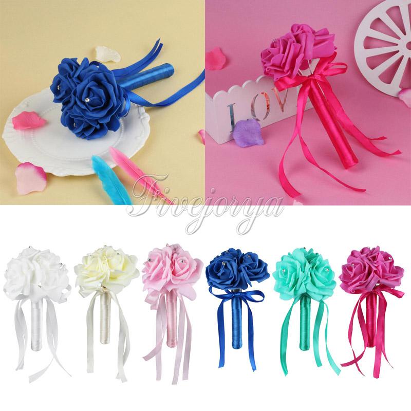 

Mini Flower girl Bouquet 3 Foam Rose Artificial Flowers Wedding Bouquet Rhinestone Satin Ribbons Bow Wedding Party Favors Decor, White