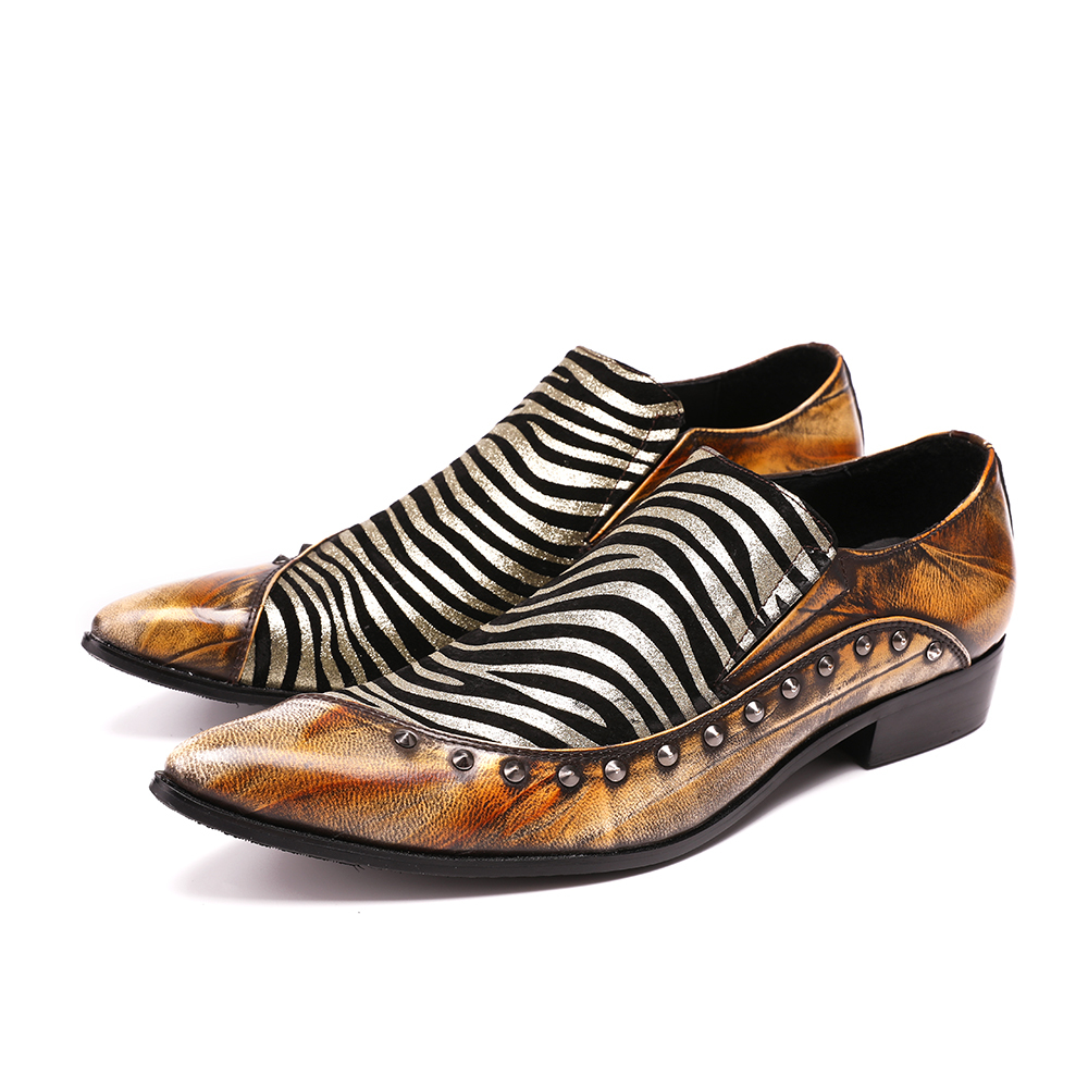 

2020 Artisanal Leather Genuine Band Pointed Toe Spikes Studded Zebra Wedding Party at Night Men Formal Shoes Bu4w, The picture