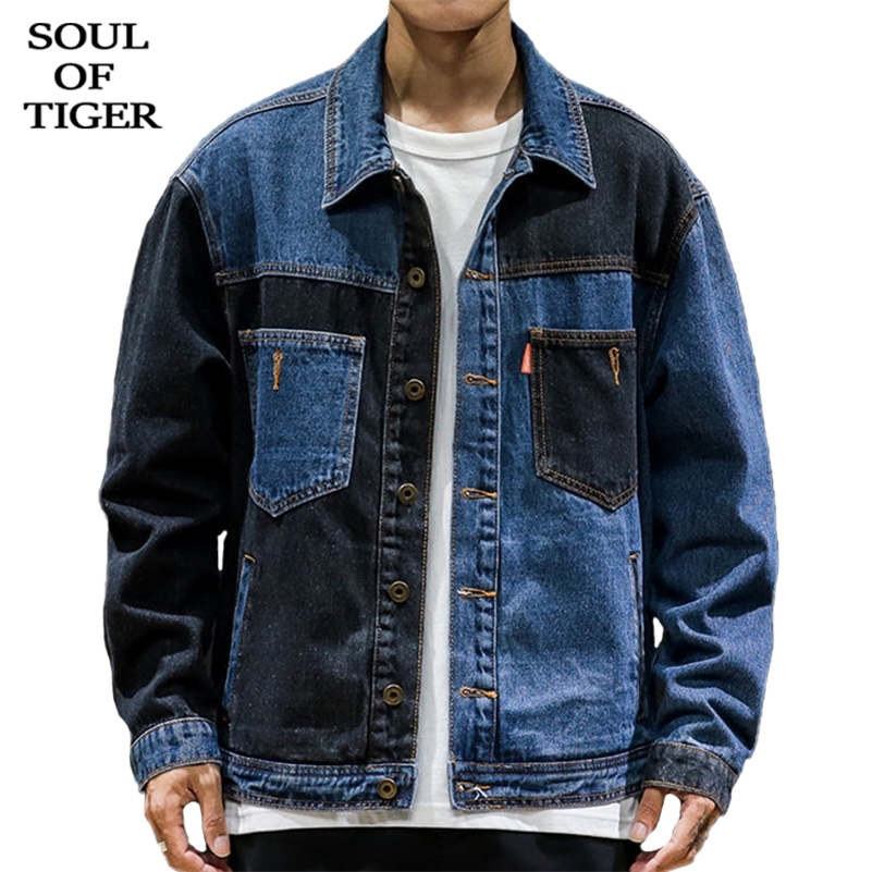 

SOUL OF TIGER Spring Korean Fashion Streetwear Men Vintage Denim Jackets Male Oversized Patchwork Coat Safari Style Clothes 201105, Blue patchwork