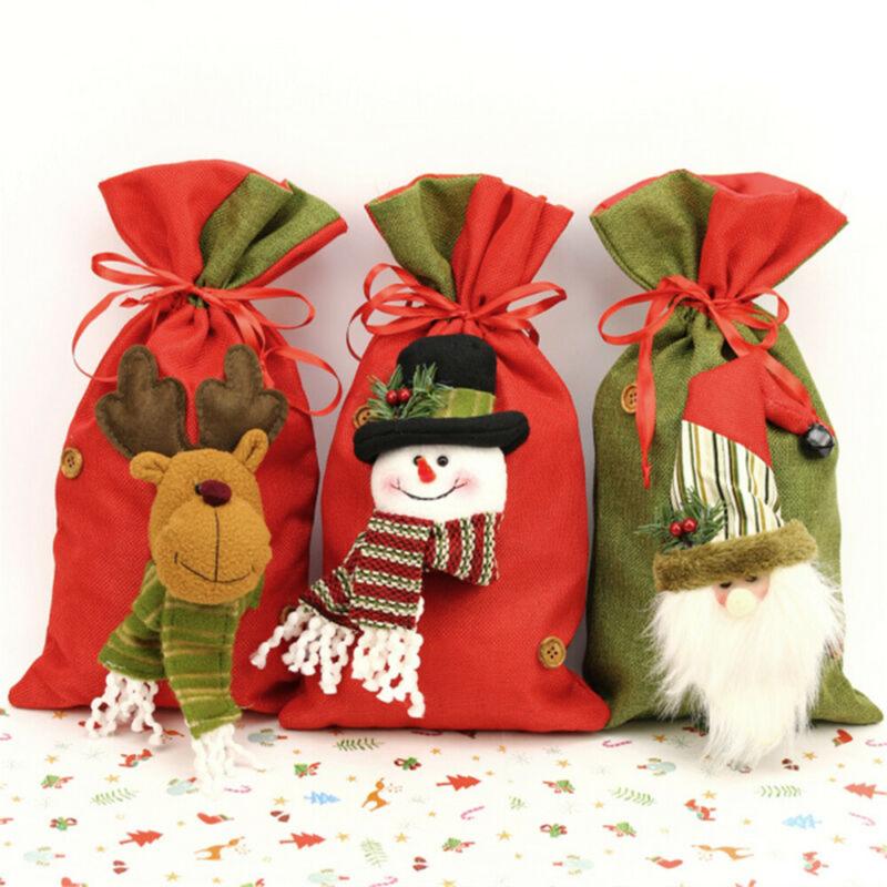 

Christmas Large Gift Bag Snowman Elk Linen Drawstring Bags Candy Pouch