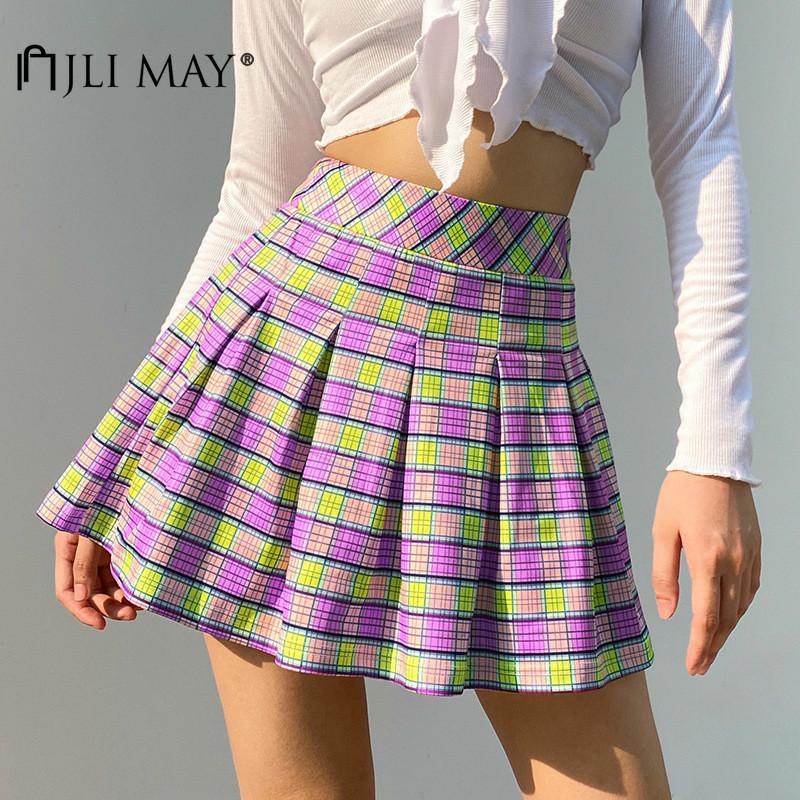 

JLI MAY Women' Plaid Skirts Panelled Sweet Empire A-line Slim Mini Pleated Skirt Streetwear, Purple