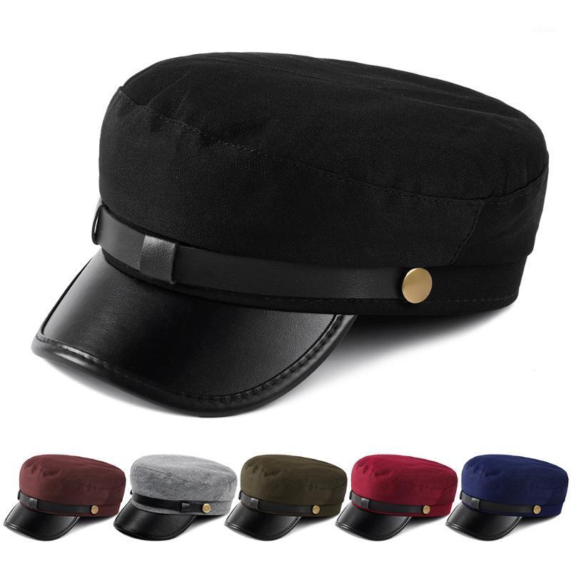 

1PC New Autumn Winter Fashion Unisex Cadet Cap PU Leather Brim Berets Hats Outdoor Flat Top Hat Visor Cap Sailor Hat1, Blue