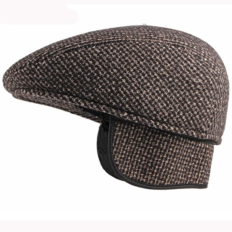 

HT2901 Men Berets Male Thick Warm Earflap Cap Father Grandfather Winter Wool Hat Men Ivy Newsboy Flat Cap Knitted Hat Beret, Coffee
