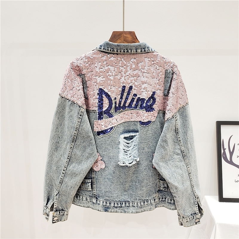 

Denim Women Jacket Autumn New Spring Vintage Sequins Pink Shiny Loose Coat Long Sleeve Outerwear Female Jacket 201109, Blue