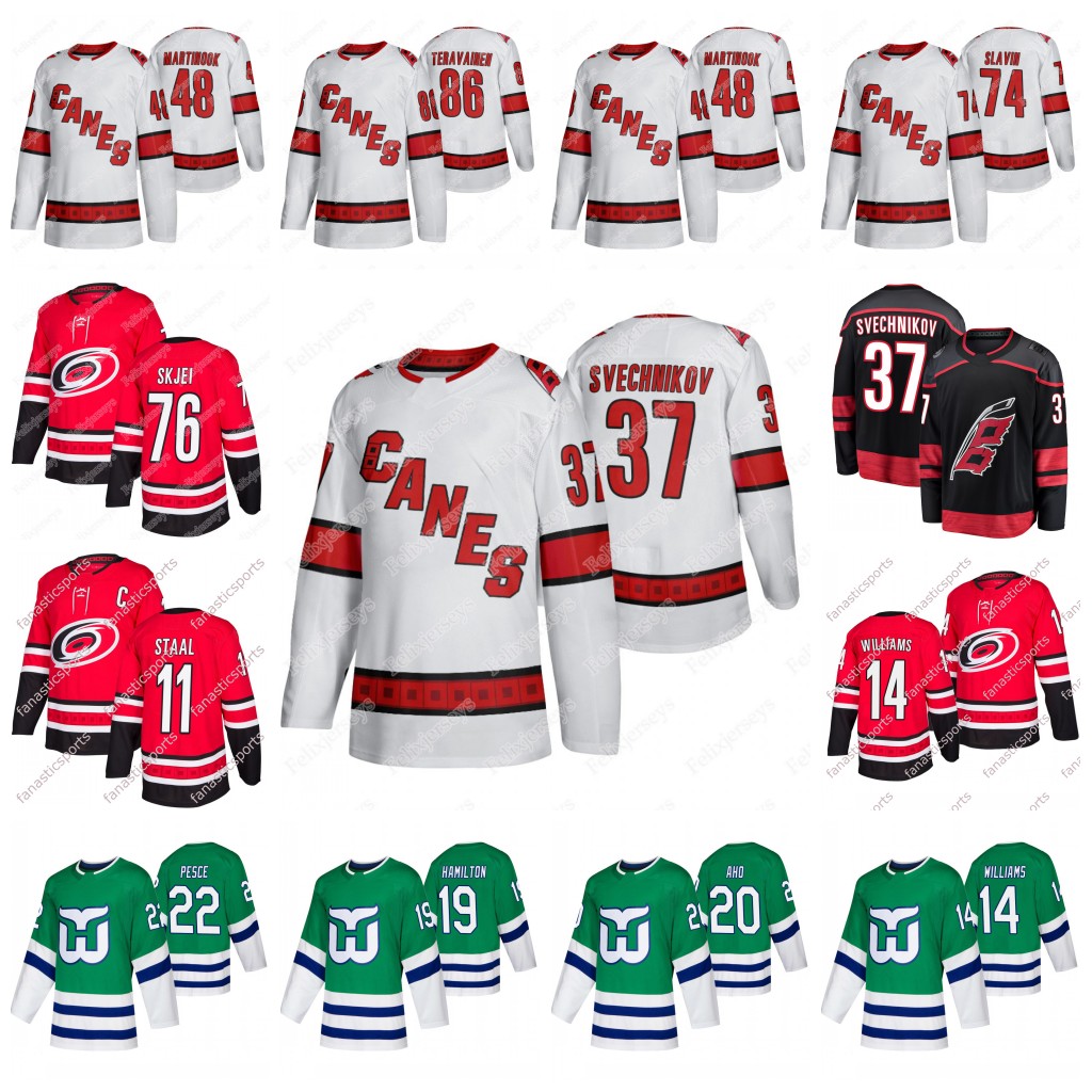 

Womens 76 Brady Skjei Carolina Hurricanes Andrei Svechnikov Sebastian Aho Justin Williams Teuvo Teravainen Jaccob Slavin Brett Pesce Jersey, White men: size s-3xl