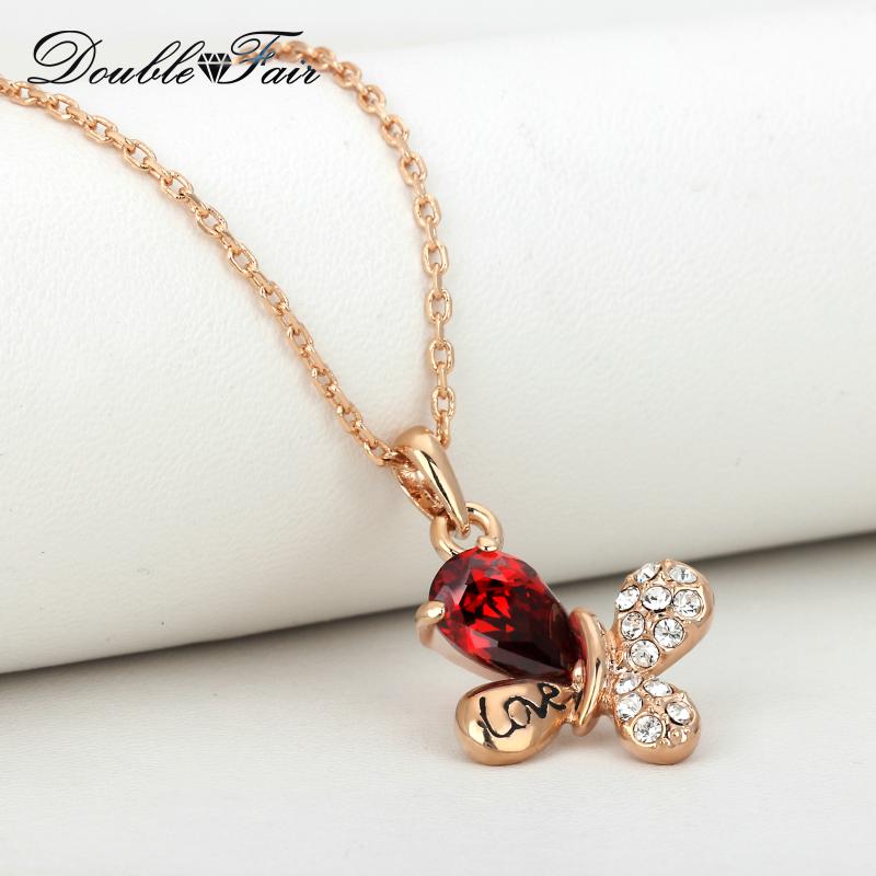 

Double Fair Rose Gold Color Red Crystal Butterfly Pendant Necklace For Women Romantic Anniversary Gift Brand Jewelry DFN211