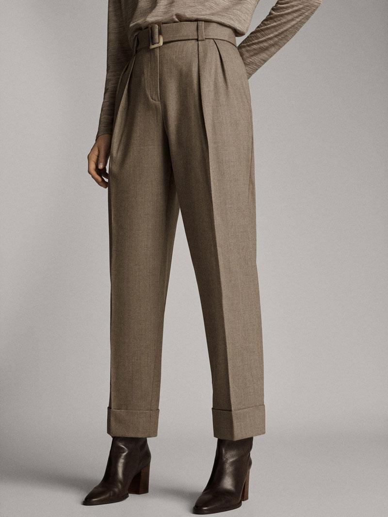 

Women Pants Wool Blend Woolen Tapered Pants Solid Color Buckle Belt Retro, Brown