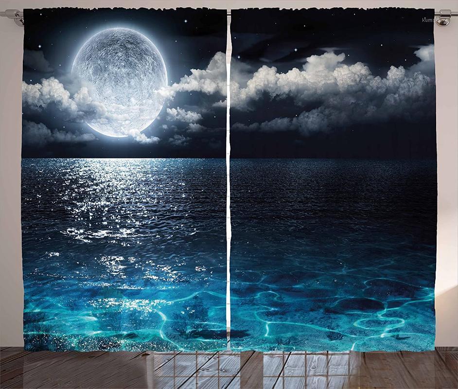 

Night Sky Curtains Full Moon and Foggy Clouds with Turquoise Glass Like Sea Ocean Print Living Room Bedroom Window Drapes1, As pic