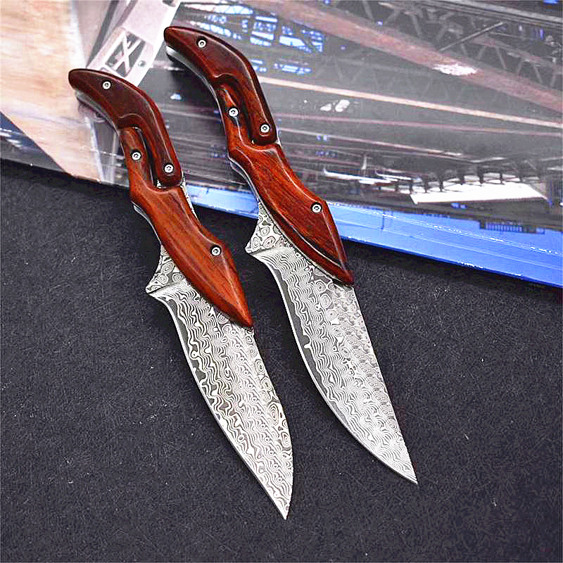 

Hot!! Damascus Mechanical Folding Knife VG10 Damascus Steel Drop Point Blade Rosewood Handle EDC Pocket Knives
