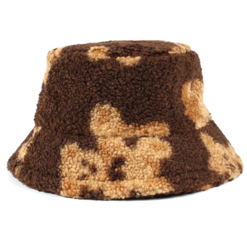 

Winter Faux Wool Bucket Hat Cartoon Teddy Bear Pattern Print Warm Fisherman Cap X5XA, Br