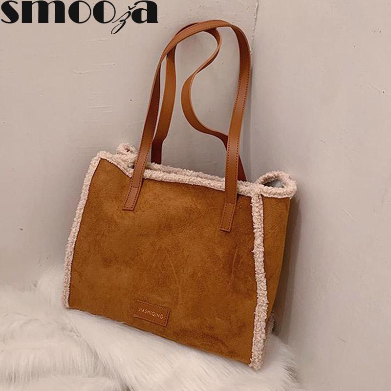 

SMOOZA Shoulder Bag For Feamle 2021 New Fashion Large Capacity Handbags Plush Tote Lamb Stitching Solid Color High Quality Bag, Black