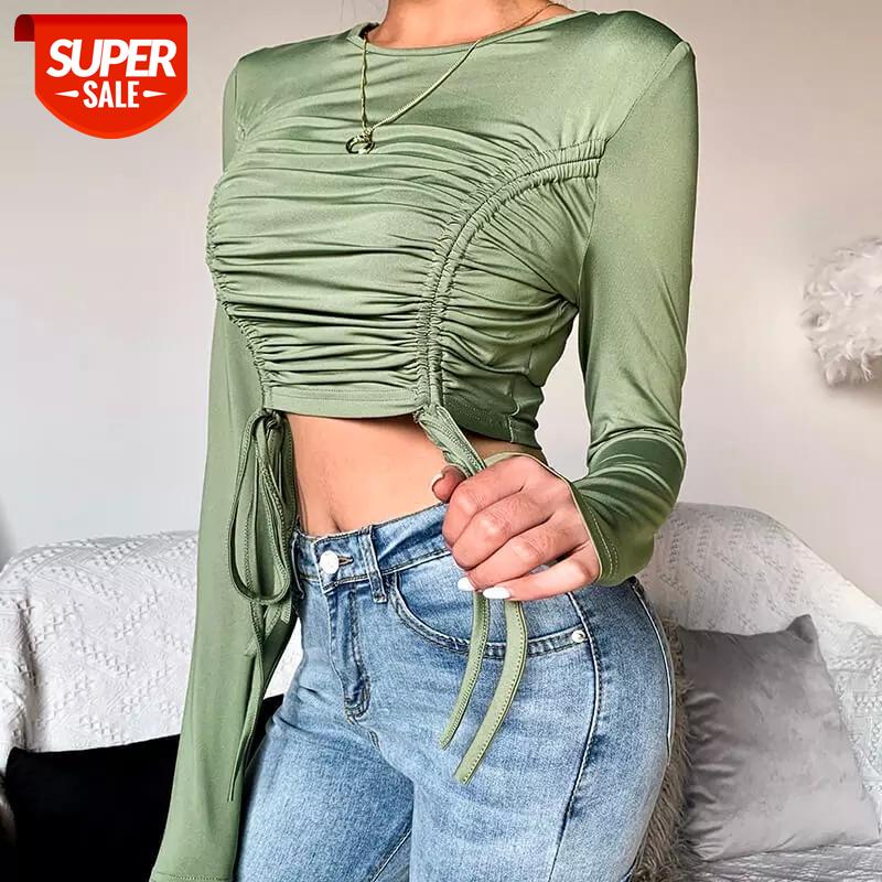 

NORMOV Women Casual Tops Fashion O Neck Long Sleeve Folds Bandage Crop Top Spandex Solid Skinny Fitness Tops Feminina #vv9B, White