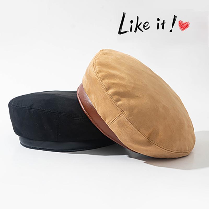 

New classic spring autumn soft cotton female solid color simple style casual fashion ins trend snapback leather brim beret cap1, Black