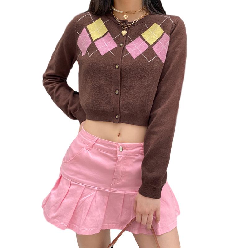 

Women' Button Down Crop Top Sexy Long Sleeve Crew Neck Argyle Ribbed Knit Cardigan Sweater, As pic