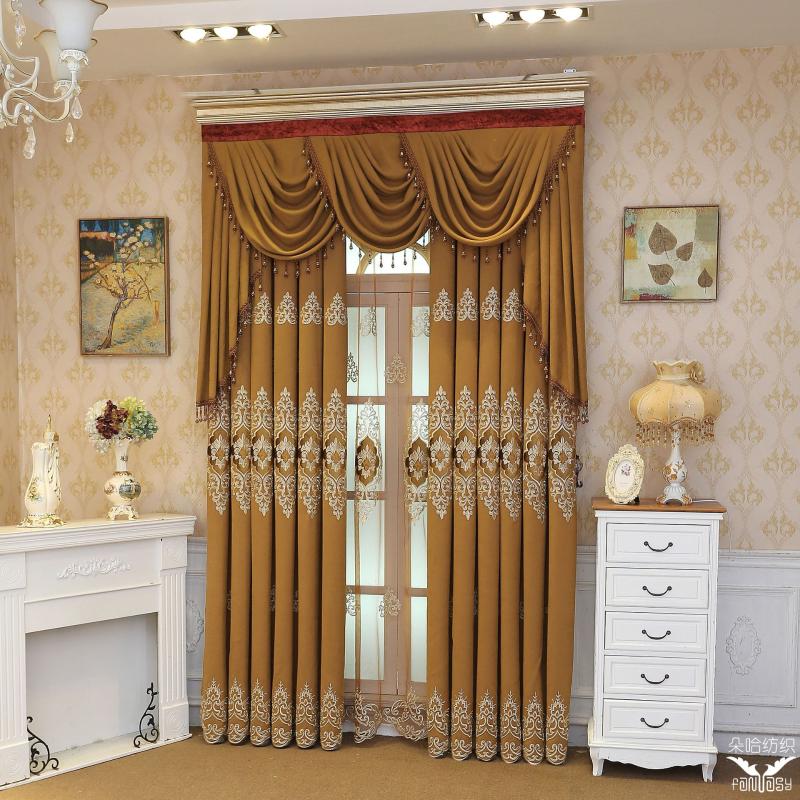 

European Style Curtains for Living Dining Room Bedroom Coffee Color Embroidered Curtains Light Luxury Valance, Tulle