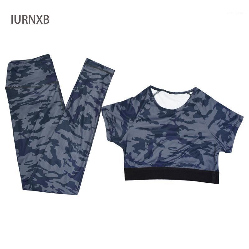 

Womens 2 Piece Outfit Set Sport Suit Suit Leggings Breathable Short sleeve Yoga Set Gym Camouflage Print High Waisted Tracksui1, Blue