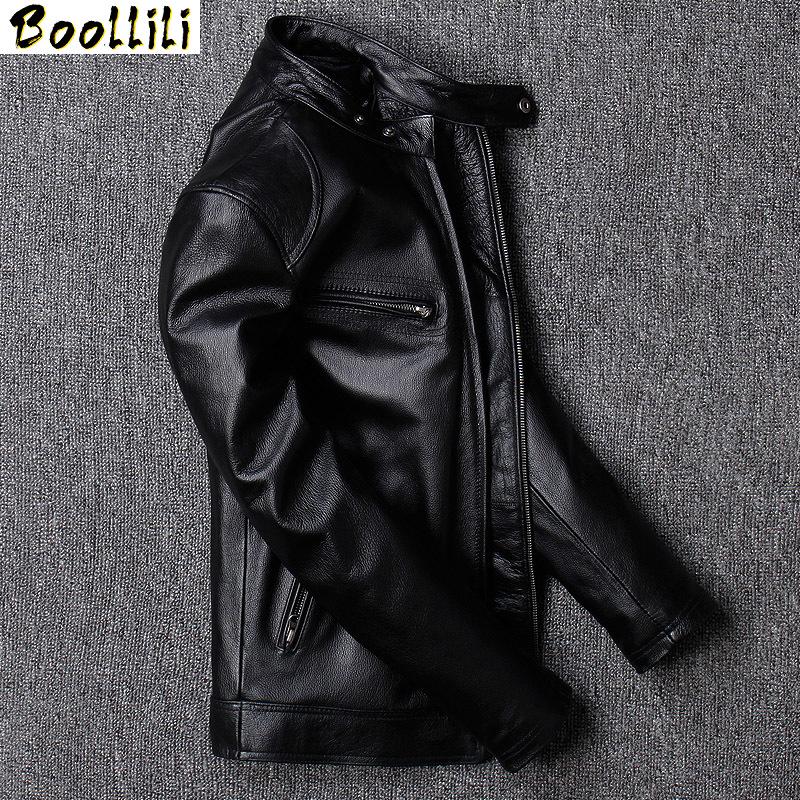 

Boollili Genuine Leather Jacket Short Cow Leather Coats Men Motorcycle Jackets Casual Cowhide Chaqueta Cuero Hombre, Black