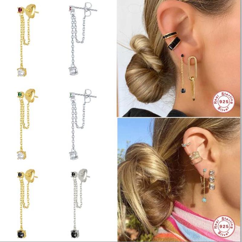 

925 Sterling Silver Luxury Tassel Earrings Chain Stud Earring For Women Lovers' Rainbow Zircon Fine Jewelry Pendientes Oorbellen
