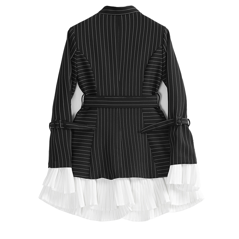 

[EAM] Women Black Striped Pleated Blazer New V-collar Long Sleeve Loose Fit Jacket Fashion Tide Spring Autumn WD91501 201106