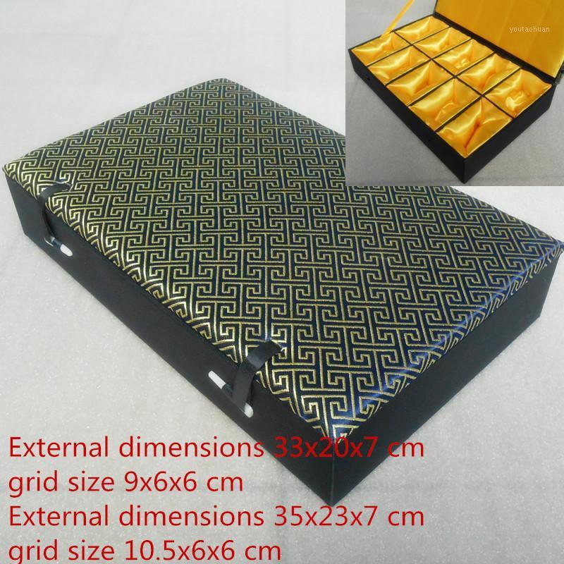 

10 Grid Slot Silk Brocade Stone Organizer Collection Box Cotton Filled Decorative Wooden Crafts Storage Case Gift Items1