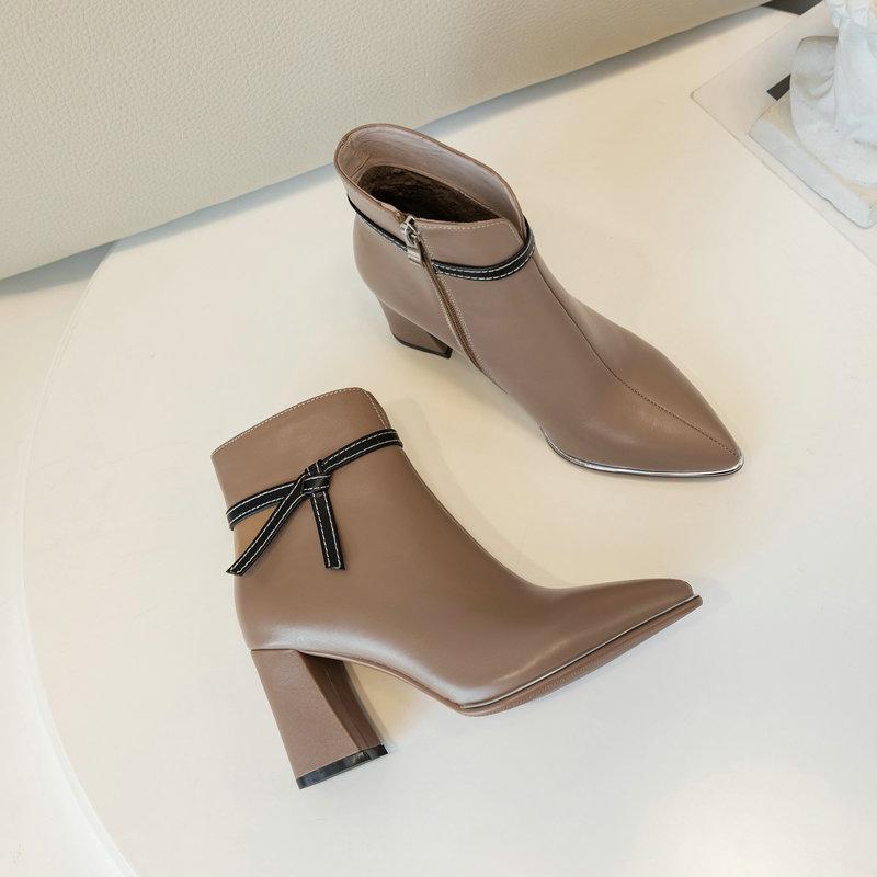 

2020 Ankle Boots Women Autumn Winter Genuine Leather Boots Party Office Shoes Woman Pointed Toe Back Zipper, Beige