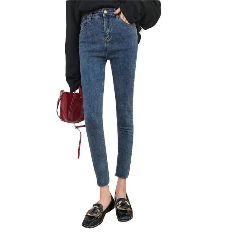 

Trousers Slit Pure Color Cotton Denim 2021 Autumn New Women' Wild Side Slit High Waist Slim Thin Pencil Feet Nine Jeans, Wangs18.3.22
